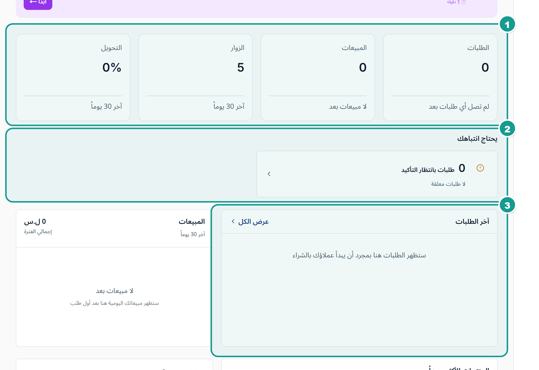 صفحة الرئيسية في لوحة تحكم شِرا وفيها بطاقات الإحصاءات وأحدث الطلبات