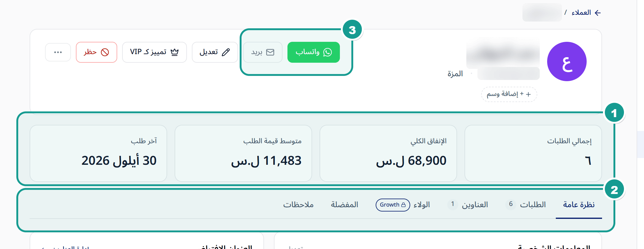 ملف عميل يعرض الإحصاءات والتبويبات وأزرار التواصل