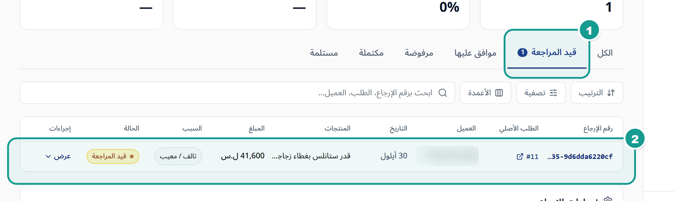 صفحة المرتجعات مع الإحصاءات والتبويبات وقائمة طلبات الإرجاع